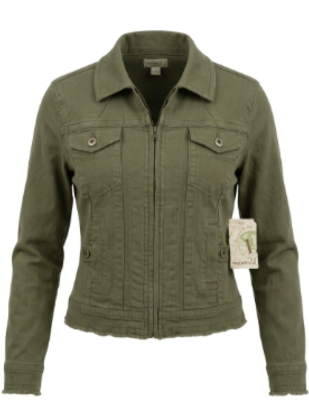 One World Army Green Cropped Zip-Up Denim Jacket